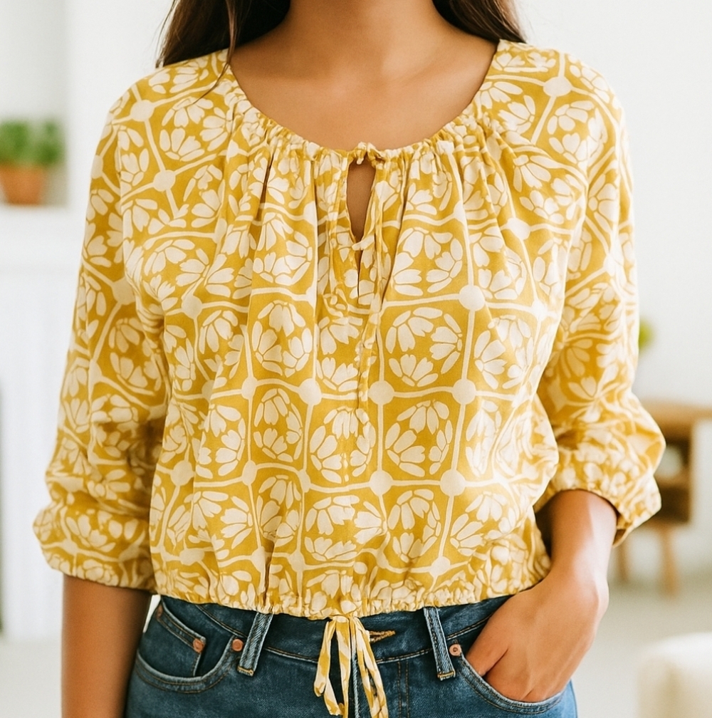 Jason Wu Yellow Floral Tiles Poplin Print Women's Blouse